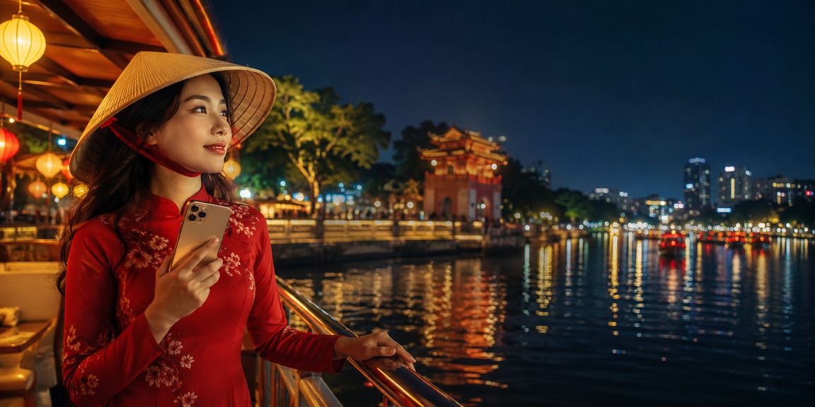 Người phụ nữ Hà Nội đội nón lá chơi casino trên điện thoại di động buổi tối