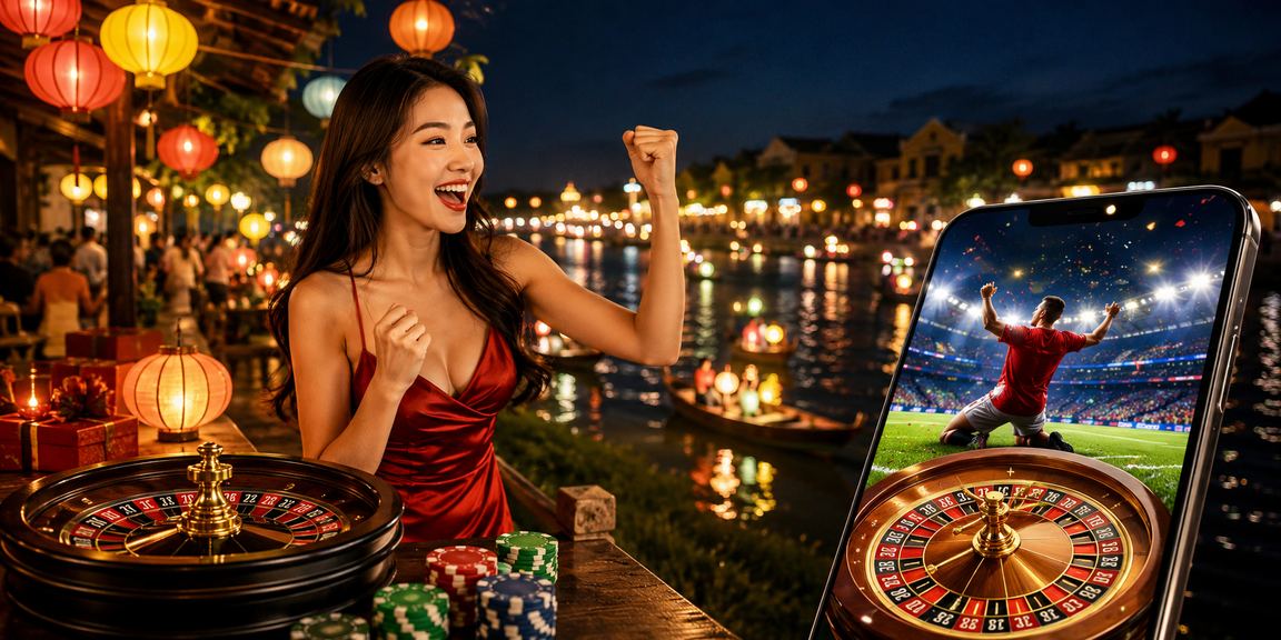 Bàn roulette sang trọng tại khu phố đêm Hội An với ánh đèn lồng huyền ảo — cảm giác VIP casino