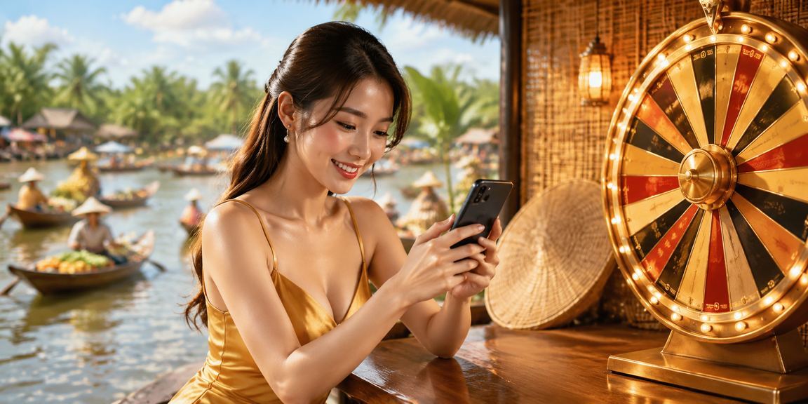 Cảnh đồng bằng sông Cửu Long với trò chơi roulette và nón lá — biểu tượng giải trí miền Tây Việt Nam